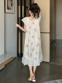 DAZY Women's Plant & Floral All Over Print Ruffle Hem Nightgown Pajama - White - View 2