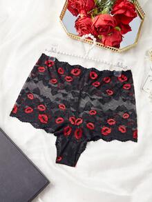 SHEIN Plus Size Women High Waist Lip Lace Fashion Panty Lingerie - Black - View 2