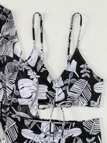 Swim Mod Bộ bikini in họa tiết cây nhiệt đới dành cho nữ kèm áo choàng kimono, trang phục đi biển mùa hè - màu đen - Xem 3