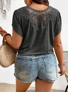 SHEIN Frenchy Plus Size Vacation Casual Solid Color Lace Patchwork T-Shirt - Grey - View 1