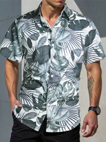 Manfinity RSRT Men's Vacation Tropical Plant Print Short Sleeve Single-Breasted Shirt Men Beach Shirts