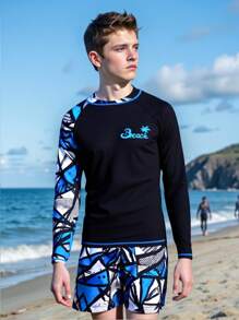 SHEIN Teen Boys Fashion Print Rash Guard, Long Sleeve Surfing Swimsuit