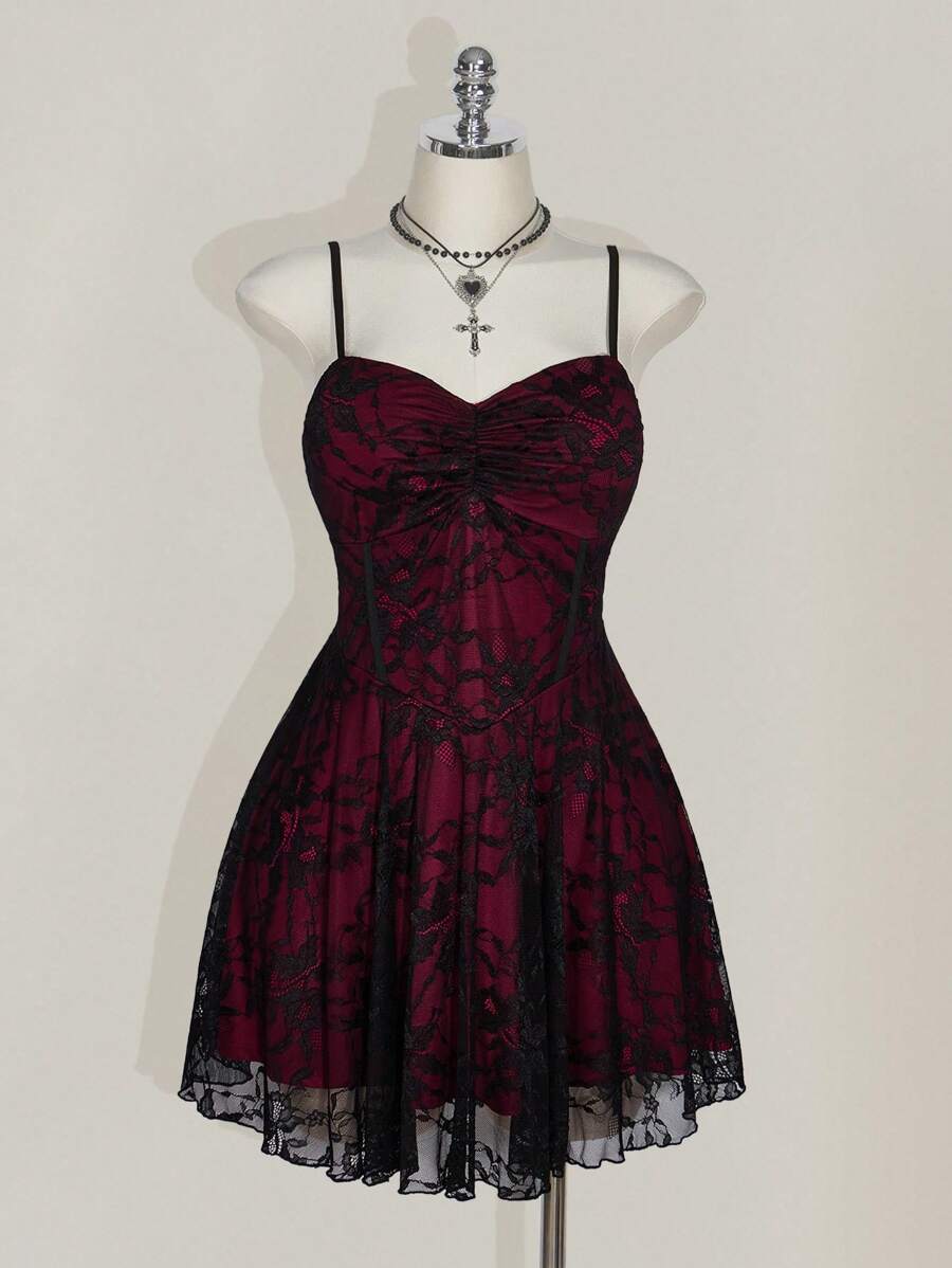 SHEIN ICON Plus Size Square Neck Ruched Lace Color Block Slip Dress, Y2K Party Dress, Halloween, Halloween Costume - Burgundy - View 1