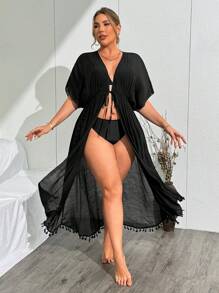 Swim Lushoire Plus Size Floral Kimono Cardigan With Fringe Details, For Beach Vacation For Summer