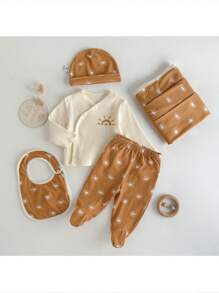 Loomiva 5 件套女婴新生儿柔软针织太阳图案开衫、松紧腰裤、围兜、襁褓毯和帽子 - 彩色 - 查看 4