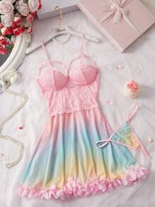2pcs Set: Lace Patchwork Ruffle Hem Printed Mesh Sexy Nightgown + G-String, Suitable For Music Festivals - Multicolor - View 1