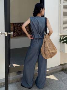 2 piezas conjunto de chaleco y pantalones vaqueros de mujer, de moda para el verano - Lavado ligero - Ver 5