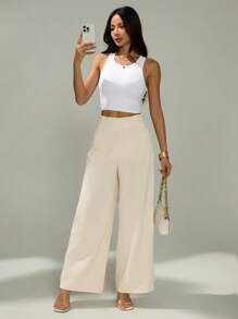 SHEIN PETITE 女士简约休闲时尚返校季老款通勤高腰纹理阔腿裤 - 杏色 - 查看 7