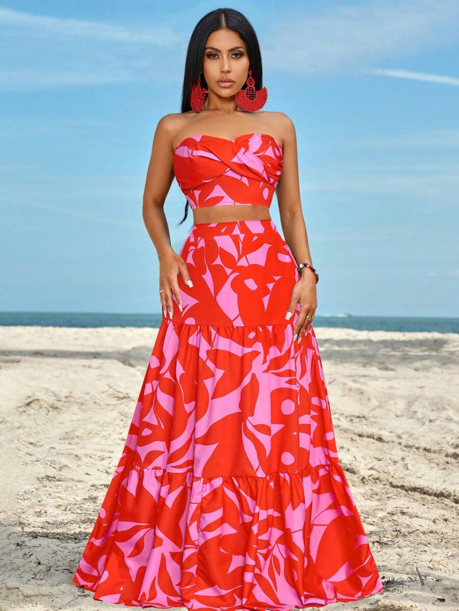 BamGleam Ruched Side Twist Bandeau Top And Split Thigh Ruffle Hem Skirt Set - Red - View 1