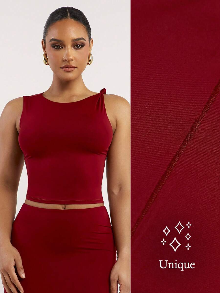 Silquee 性感女式高端纯色勃艮第红色无袖扭结设计休闲紧身春夏性感短款女士背心，基本款廓形，采用柔软有弹性的亲肤面料 - 酒紅色 - 查看 1