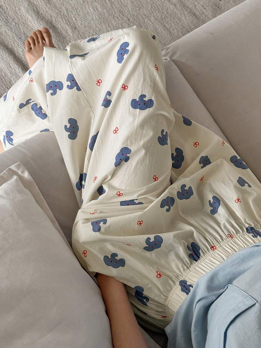 DAZY Cute Elephant Pattern Allover Print Loose Straight Women Pajama Bottom - Beige - View 1