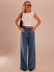 SHEIN Forever 21 秋冬女士口袋宽松阔腿裤/深蓝色/复古/牛仔裤/基本款/高个女装/妈妈装牛仔裤/商务休闲女装/必备单品/高个女装牛仔裤/牛仔裤/低腰宽松牛仔裤/低腰/寒冷天气/感恩节牛仔裤/假日/优雅/圣诞节牛仔裤/圣诞节/新年牛仔裤/宽松休闲裤牛仔裤/Y2k 牛仔裤/水洗阔腿牛仔裤 - 藍色 - 查看 5