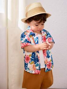 Cozy Pixies 3pcs/Set Toddler Boys Plant & Floral Print Lapel Short Sleeve Top, Button Down Shirt, And Elastic Waist Shorts Outfit