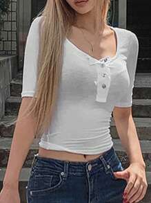 DAZY Women's Square Neck Sheer Tight-Fitting 3/4 Sleeve Half-Button Up Base Layer Tee - White - View 6