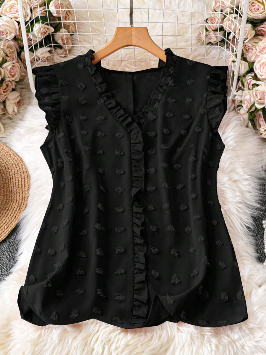 SHEIN LUNE Camisa sin mangas de cuello en V de unicolor talla grande, elegante para el verano - Negro - Ver 1