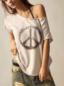 Bohemela Áo thun nữ tay ngắn cổ tròn màu trơn hở vai mùa hè lễ hội âm nhạc Phục sinh - Màu be - Xem 6