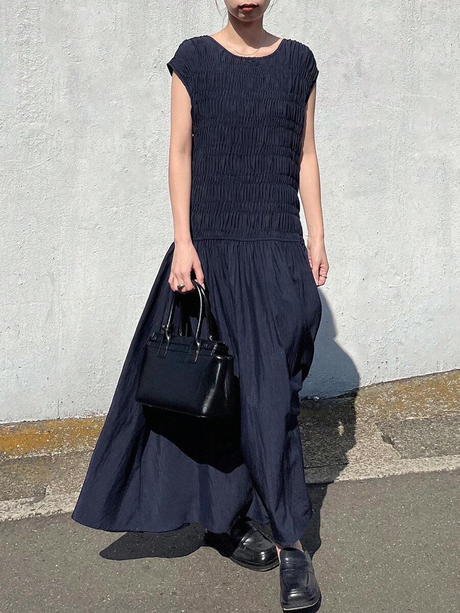 FRIFUL Vestido feminino sem mangas com franzido e cintura franzida assimétrica, vestido elegante de cor sólida, verão, babados - Azul marinho - Ver 1