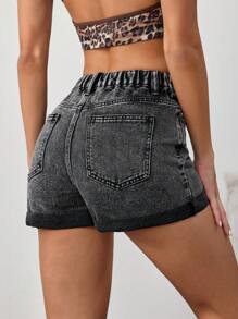SHEIN Tall Women's Slim Fit Denim Shorts, Black Biker Shorts High Waisted Skinny Shorts With Folded Cuffs Biker Shorts Booty Shorts Booty Shorts Black Shorts Tall Pants Women Tall Women Clothes Women Summer Outfits Outfits Women Summer Outfits Woman High Waisted Shorts  Tall Women Clothes - Black - View 2
