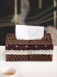 1pc Woven Tissue Box Holder, Rectangular Covered Tissue Box, Rattan Wicker Tissue Box Holder, Bohemian Style Decorative Woven Tissue Dispenser