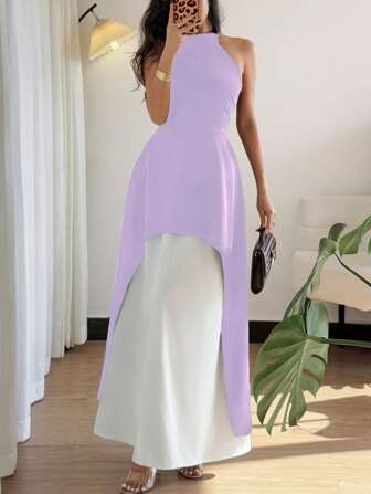 Gloray Elegant Fashionable Versatile X-Design Collar, Waist Gathered, Short Front & Long Back Sleeveless Black Halter Shirt With White Elastic Waist Long Dress, Women Spring Summer Suit