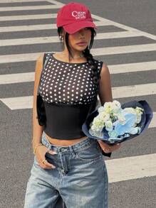 SHEIN EZwear 女士波点印花裹身系带圆领修身上衣 - 黑色 - 查看 4
