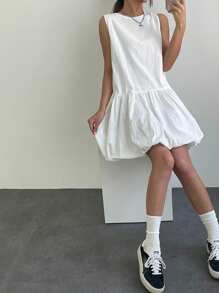 DAZY Women Short Ruffles Bubble Sleeveless Dress Sundress - White - View 2