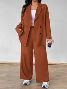Flirla Conjunto de 2 piezas de blazer con botones y pantalones de talla grande - Óxido marrón - Ver 1
