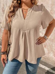 Linhara Plus Size Women's Solid Color V-Neck Short Sleeve Pleated Blouse, Spring/Summer