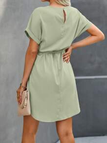 SHEIN Clasi Đầm xòe tay ngắn cổ tròn cánh dơi màu trơn cho nữ - Màu xanh Bạc hà - Xem 2