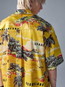 NEON BLANC Men's Street Style Palm Tree & Letter Print Woven Short Sleeve Shirt, Suitable For Summer, Streetwear Inspired - Red - View 5
