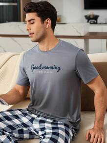 Manfinity Underwear&Sleepwear Basics Parte superior de pijama de cuello redondo con estampado de letra para hombres, conjunto de ropa de casa de verano