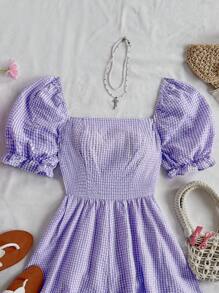 Soleia 蓝白格子褶皱泡泡袖连体衣，休闲度假风格方领女式夏季连体裤 - 紫色 - 查看 5