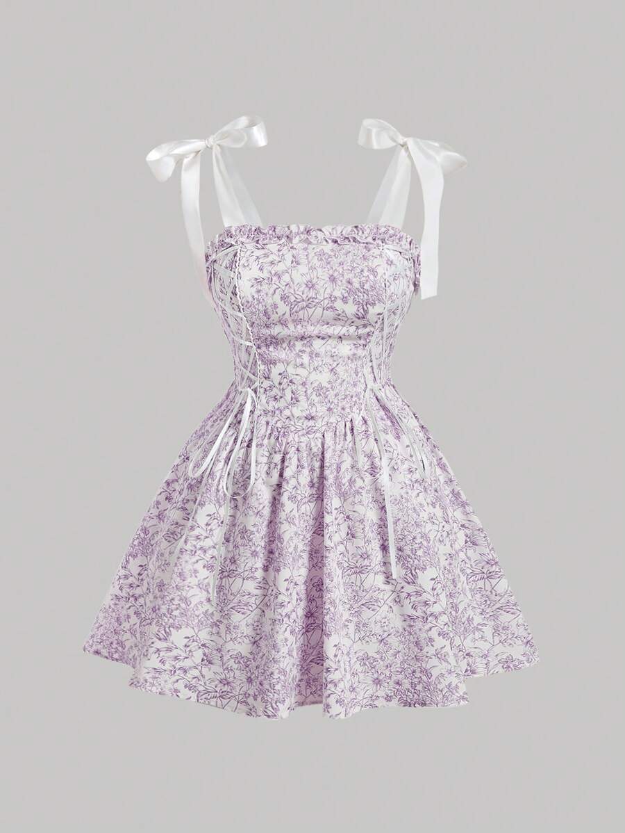 SHEIN MOD Plus Size Women Lilac Floral Print Belted Vintage Court Flared Skater Dress Lilac Short Dress,Grad Dress,Beach Dress Sundress,Holiday Outfits Boho