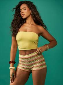 MISSGUIDED Crochet Hot Pants Striped Beach Festival Summer Shorts High Waist Retro Rainbow Knit Holiday Resort Wear Pool Party Bottoms