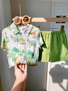SHEIN 2pcs Set Baby Boy/Girl Casual Daily Cute Allover Print Coconut Tree & Animal Pattern Drop Shoulder Loose Fit Round Neck Top Shirt And Elastic Waist Shorts Set, Suitable For Spring/Summer, Home, Outing, Vacation, Beach