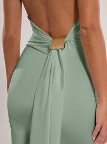 SHEIN BAE Women's Solid Color Pleated Deep V Neck Sexy Halter Mini Dress - Mint Green - View 7