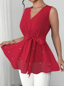 Elenzga Blusa elegante francese con scollo a V incrociato, senza maniche, vita stretta, in tessuto trasparente a rete con decorazione in perle, con fondo ampio e svasato