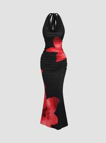 Sweetra Women's Summer Knitted Cowl Neck Printed Dress