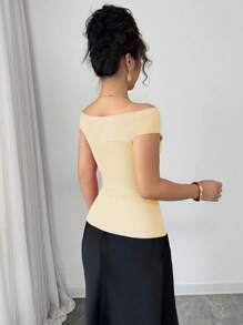 Elenzga Valentine's Day Romantic Red Rose Ruched Fitted Off Shoulder T-Shirt - Apricot - View 2