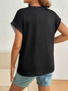 SHEIN Maternity Casual Floral Print Knitted Fabric Long T-Shirt With Round Neck And Short Sleeves - Black - View 2