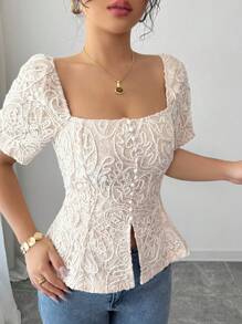 Elenzga 女士方领刺绣短袖纽扣修身衬衫 - 杏色 - 查看 3