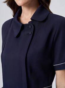 TaskEZ Anti-Wrinkle Fabric Short Sleeve Color Block Collared Maxi Nurse Dress For Women