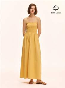 Chiquease Artistic Comfy Cotton Elastic Strap Jumper Dress, Casual Beach Resort, Spring/Summer - Yellow - View 1