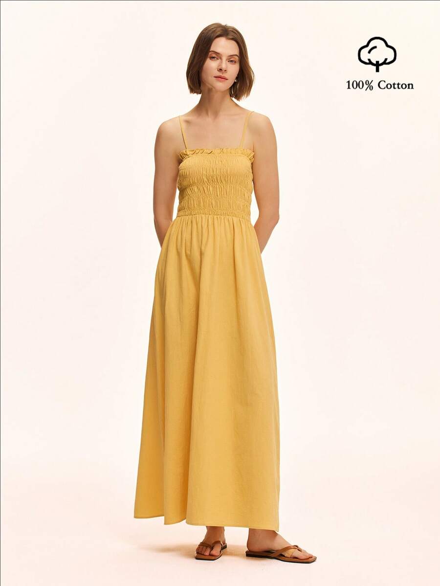 Chiquease Artistic Comfy Cotton Elastic Strap Jumper Dress, Casual Beach Resort, Spring/Summer - Yellow - View 1