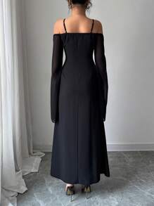 Chiquease 女士优雅仿刺绣露肩雪纺喇叭下摆连衣裙 - 黑色 - 查看 2