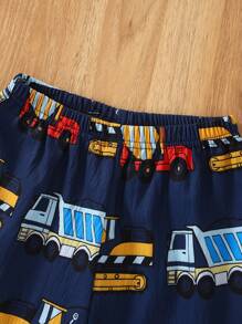 2 件套小男孩卡通汽车印花时尚撞色边短袖夹克和裤子家居服套装，全新