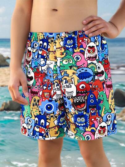 SHEIN Tween Boys Casual Vacation Allover Cute Pattern Shorts Beach Pants Swimwear, Suitable For Beach, Swimming, Surfing Holidays