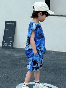 2pcs Kids Young Boys Leisure Japanese And Korean Academy Comfortable, Fashionable, Simple, Practical, Versatile Cartoon Anime Printed Loose Tank Top And Shorts Two Pieces Set, Suitable For Outdoor Play, School, Street Photography, Party And Home Leisure, Suitable For School, Sports, Vacation, Home And Outdoor, Suitable For Spring And Summer Seasons