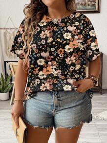 SHEIN LUNE T-shirt à col ras-du-cou ample à manches courtes avec imprimé floral " ditsy " tout-sur-tout, taille grande, adapté pour l'été