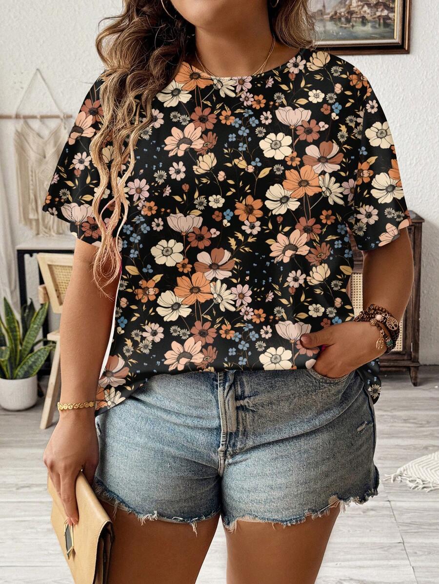 SHEIN LUNE T-shirt à col ras-du-cou ample à manches courtes avec imprimé floral " ditsy " tout-sur-tout, taille grande, adapté pour l'été